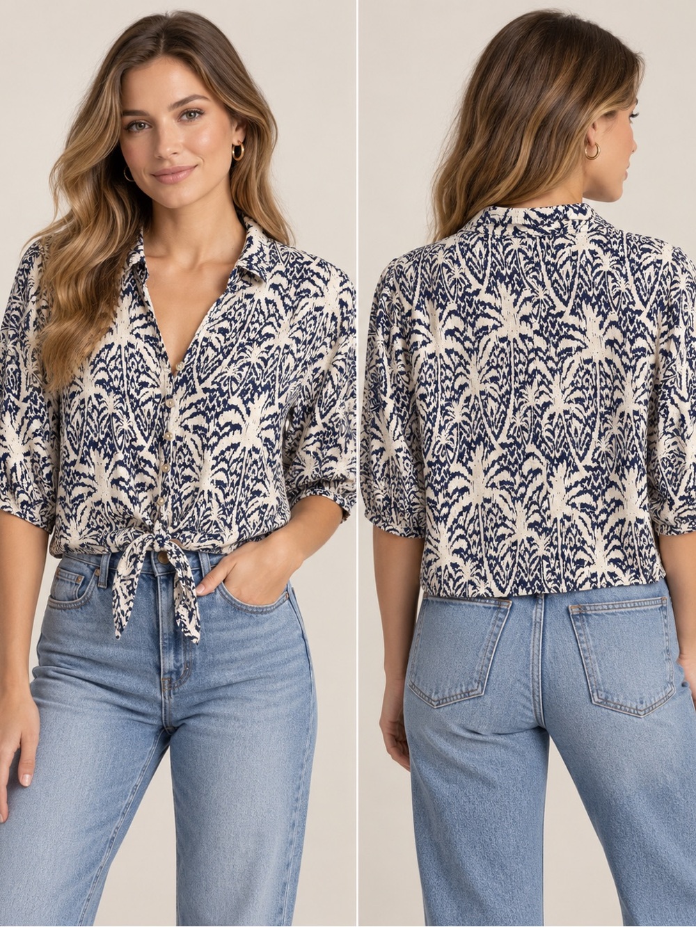 Panama Jack Women’s XL Navy Ivory Tropical Print Tie-Front Button Blouse